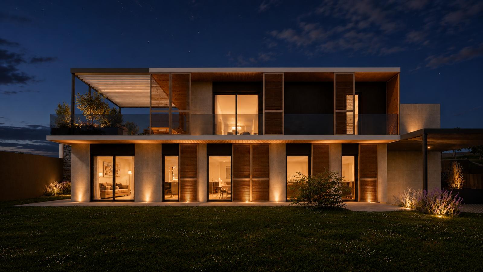 La villa illuminata di sera